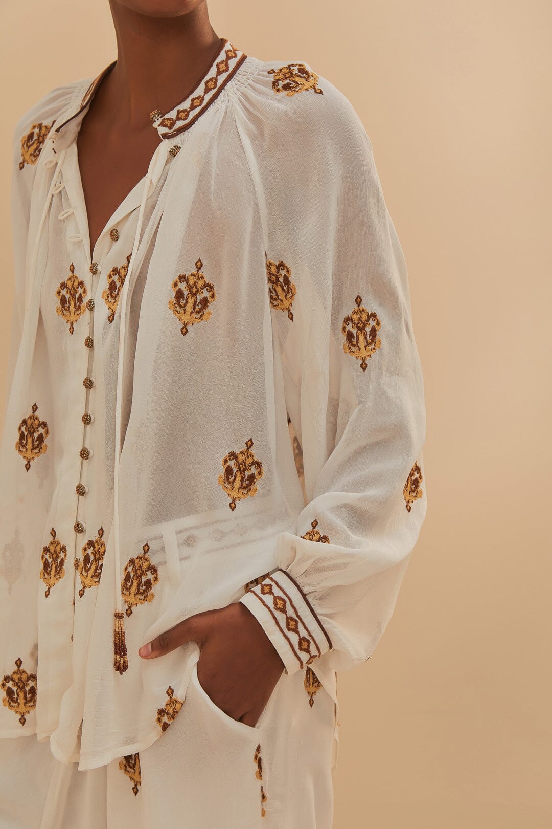 FARM Rio Off-White Anchor Tapestry Embroidered Long Sleeve Blouse