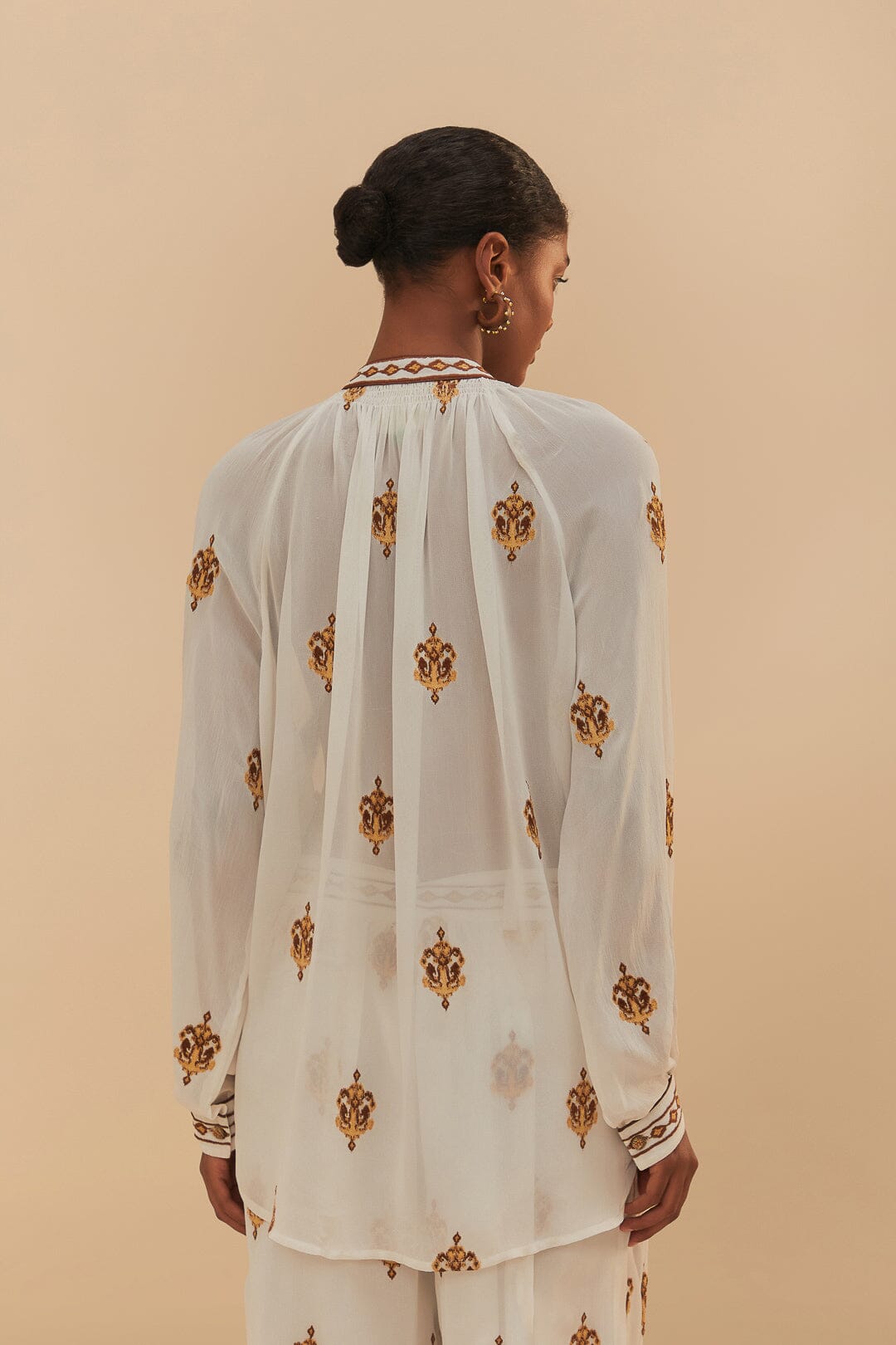 FARM Rio Off-White Anchor Tapestry Embroidered Long Sleeve Blouse