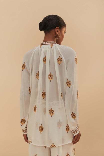 FARM Rio Off-White Anchor Tapestry Embroidered Long Sleeve Blouse