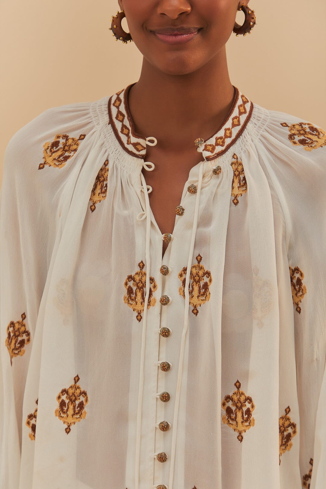 FARM Rio Off-White Anchor Tapestry Embroidered Long Sleeve Blouse