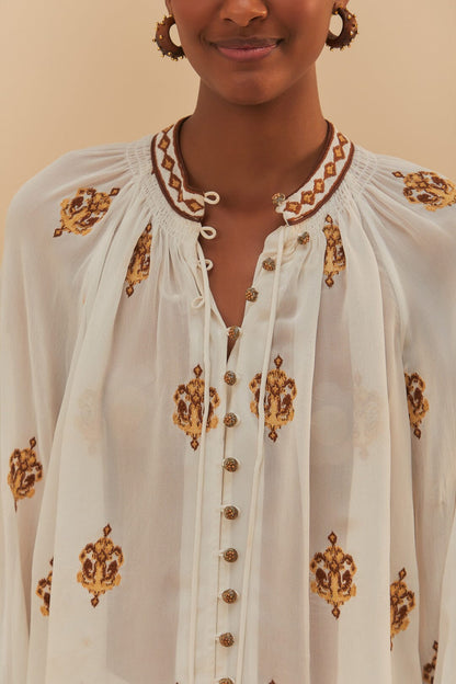 FARM Rio Off-White Anchor Tapestry Embroidered Long Sleeve Blouse