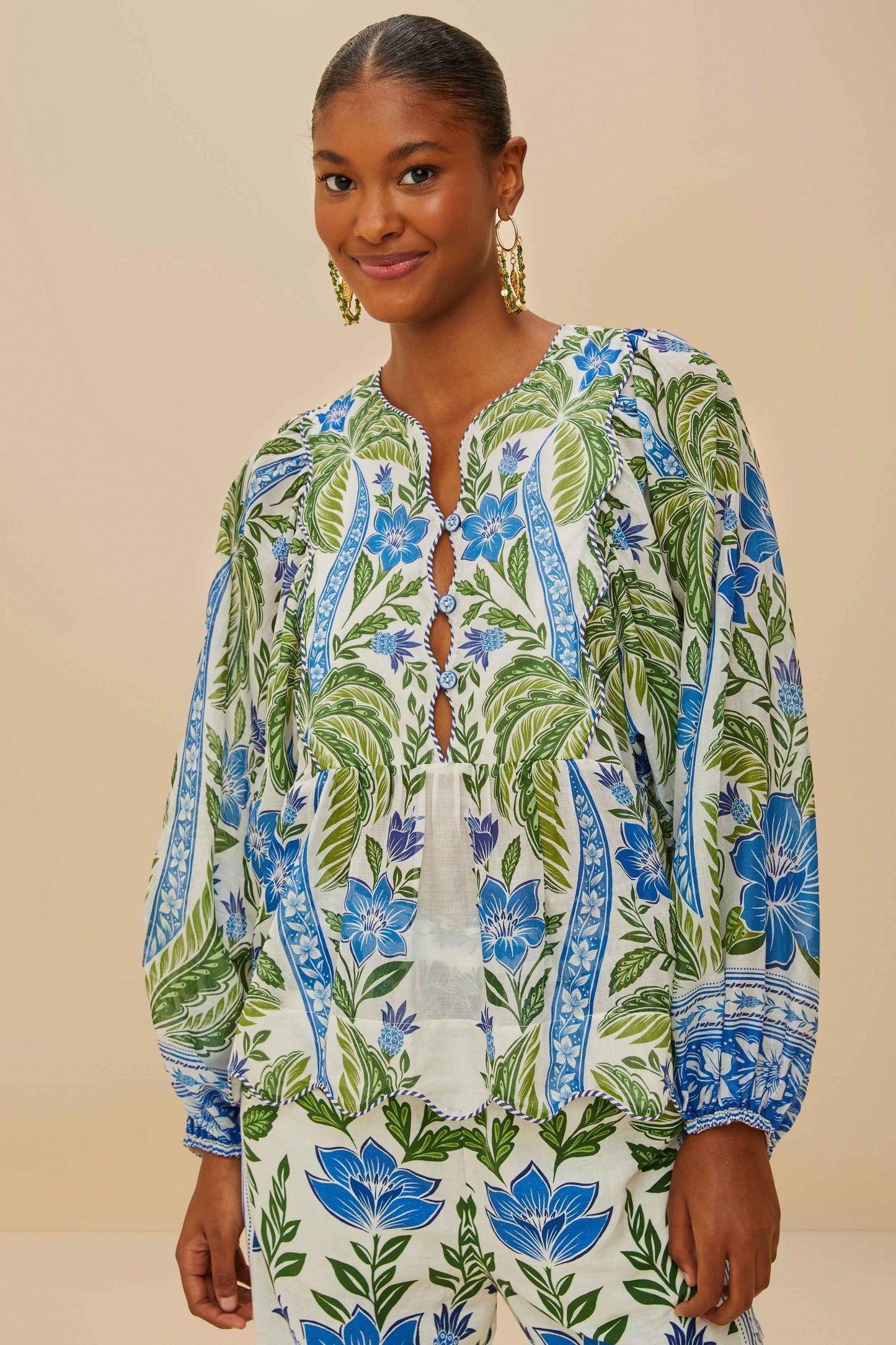 FARM Rio Off-White Tropicance Wavy Yoke Blouse