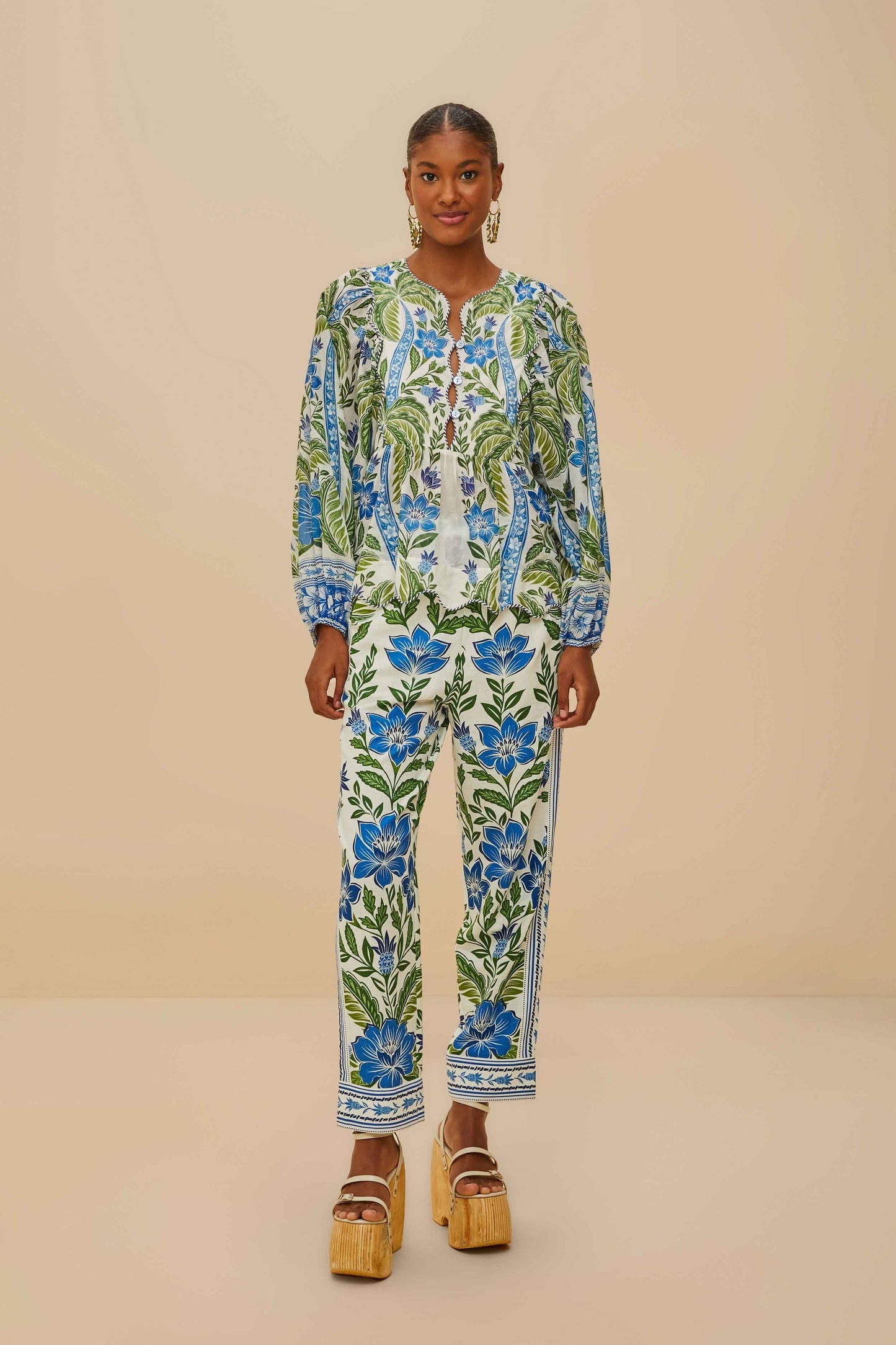 FARM Rio Off-White Tropicance Wavy Yoke Blouse
