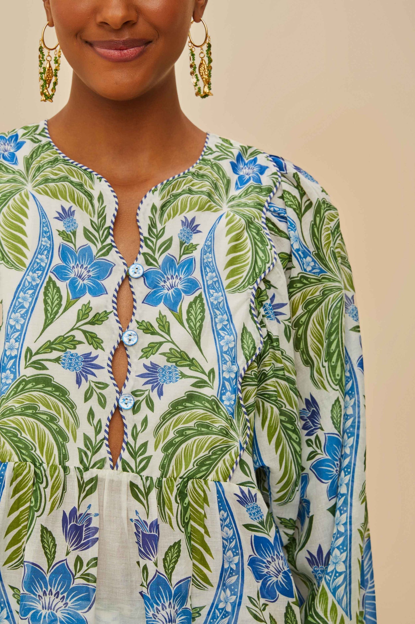 FARM Rio Off-White Tropicance Wavy Yoke Blouse