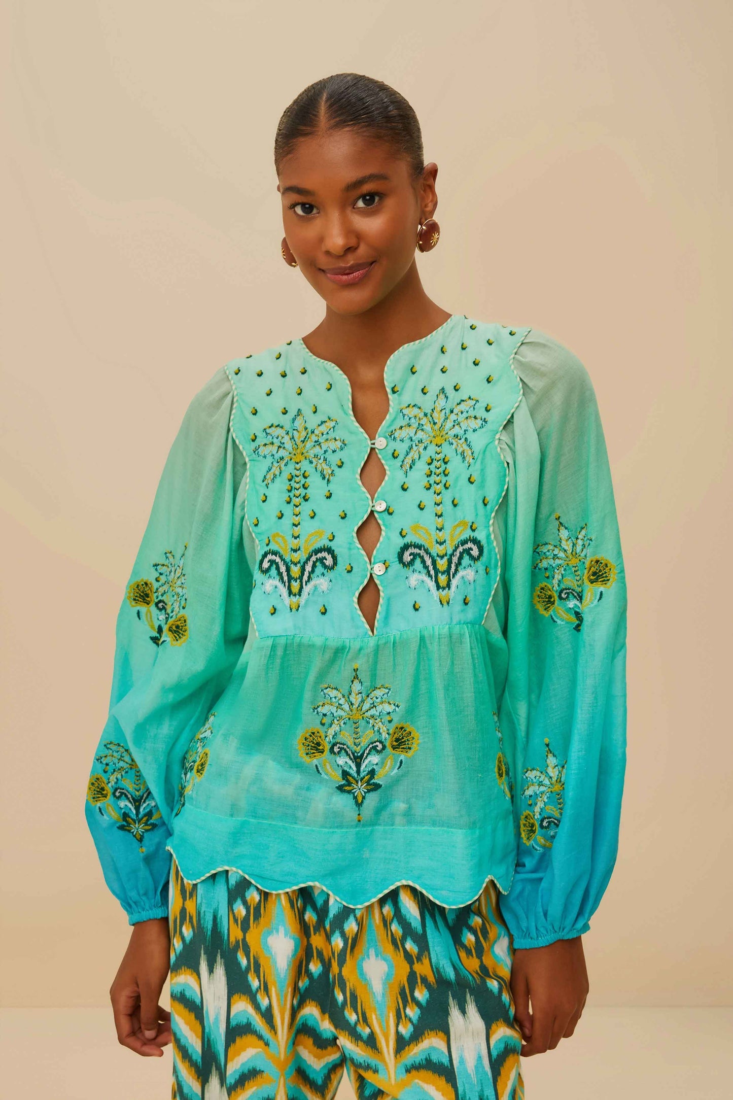 FARM Rio Turquoise Palm Tree Tapestry Blue Wavy Yoke Blouse