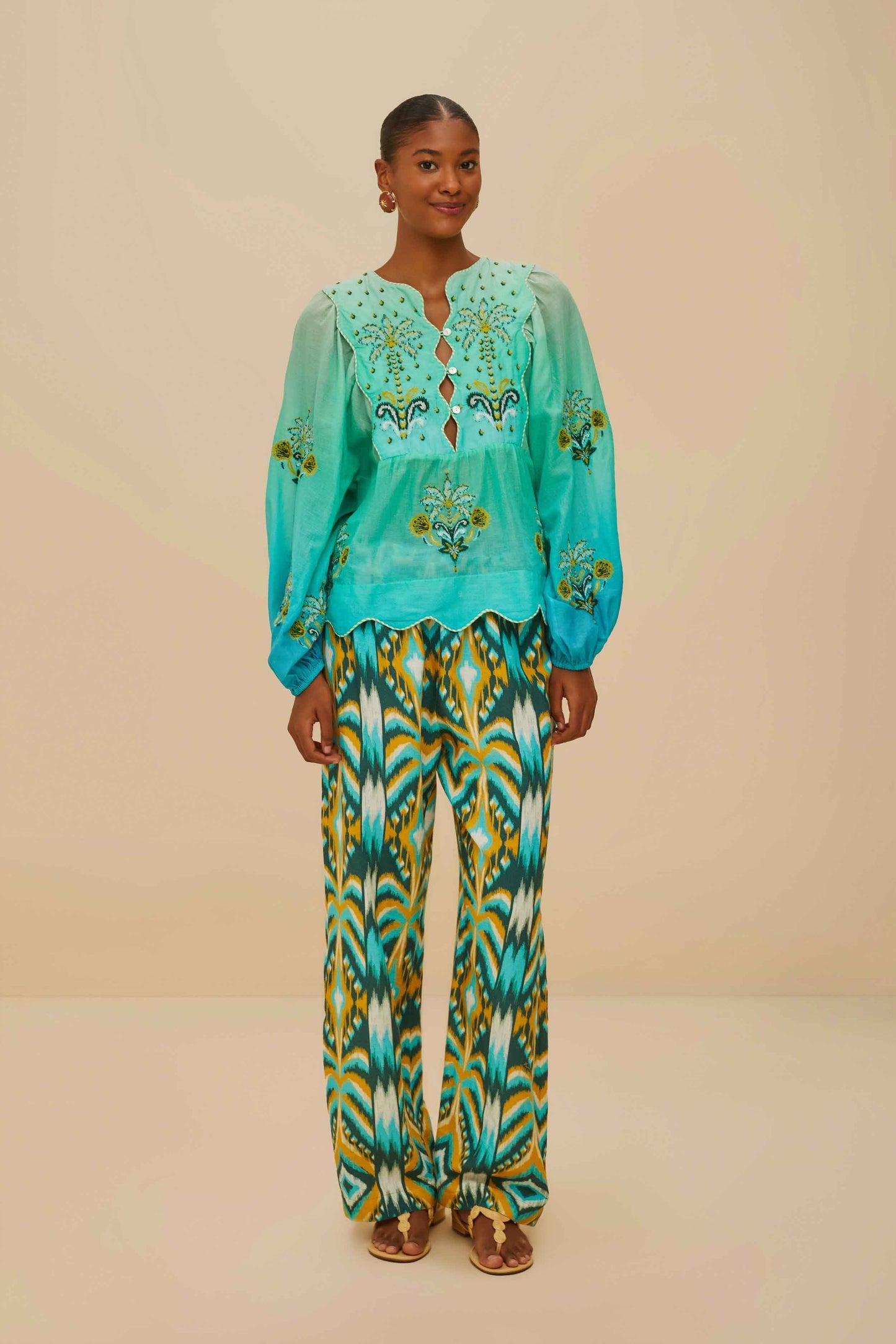 FARM Rio Turquoise Palm Tree Tapestry Blue Wavy Yoke Blouse