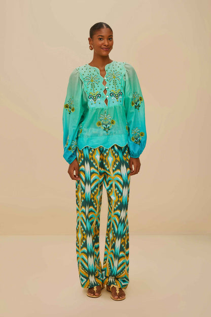 FARM Rio Turquoise Palm Tree Tapestry Blue Wavy Yoke Blouse