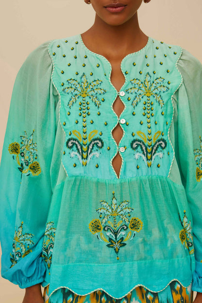 FARM Rio Turquoise Palm Tree Tapestry Blue Wavy Yoke Blouse