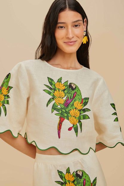 FARM Rio Off-White Maracana Bird Euroflax™ Premium Linen Blouse