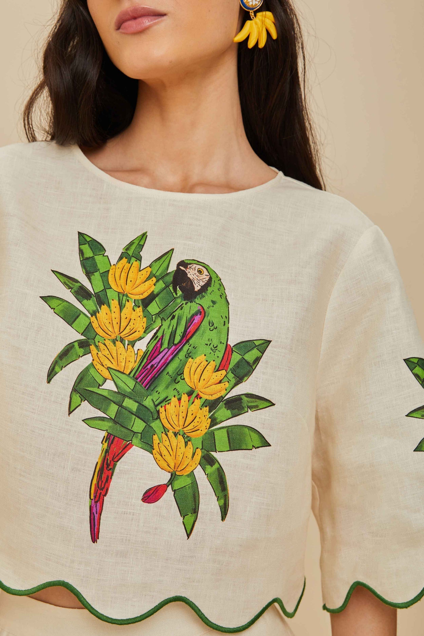 FARM Rio Off-White Maracana Bird Euroflax™ Premium Linen Blouse