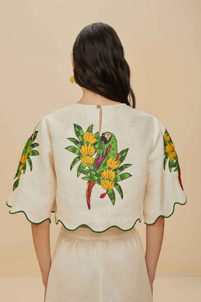 FARM Rio Off-White Maracana Bird Euroflax™ Premium Linen Blouse