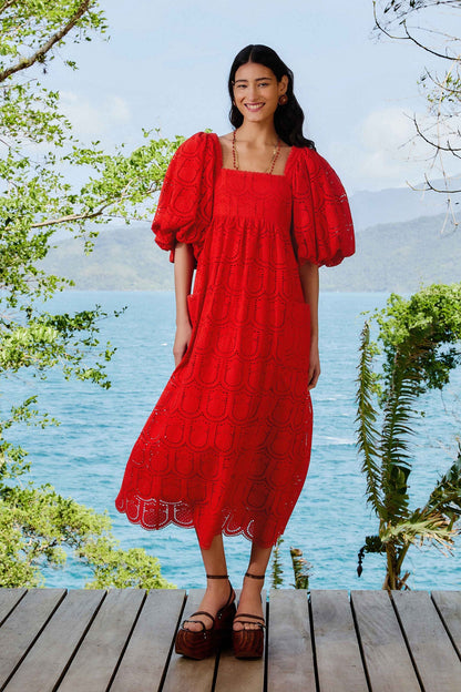 FARM Rio Red Pineapple Eyelet Maxi Dress
