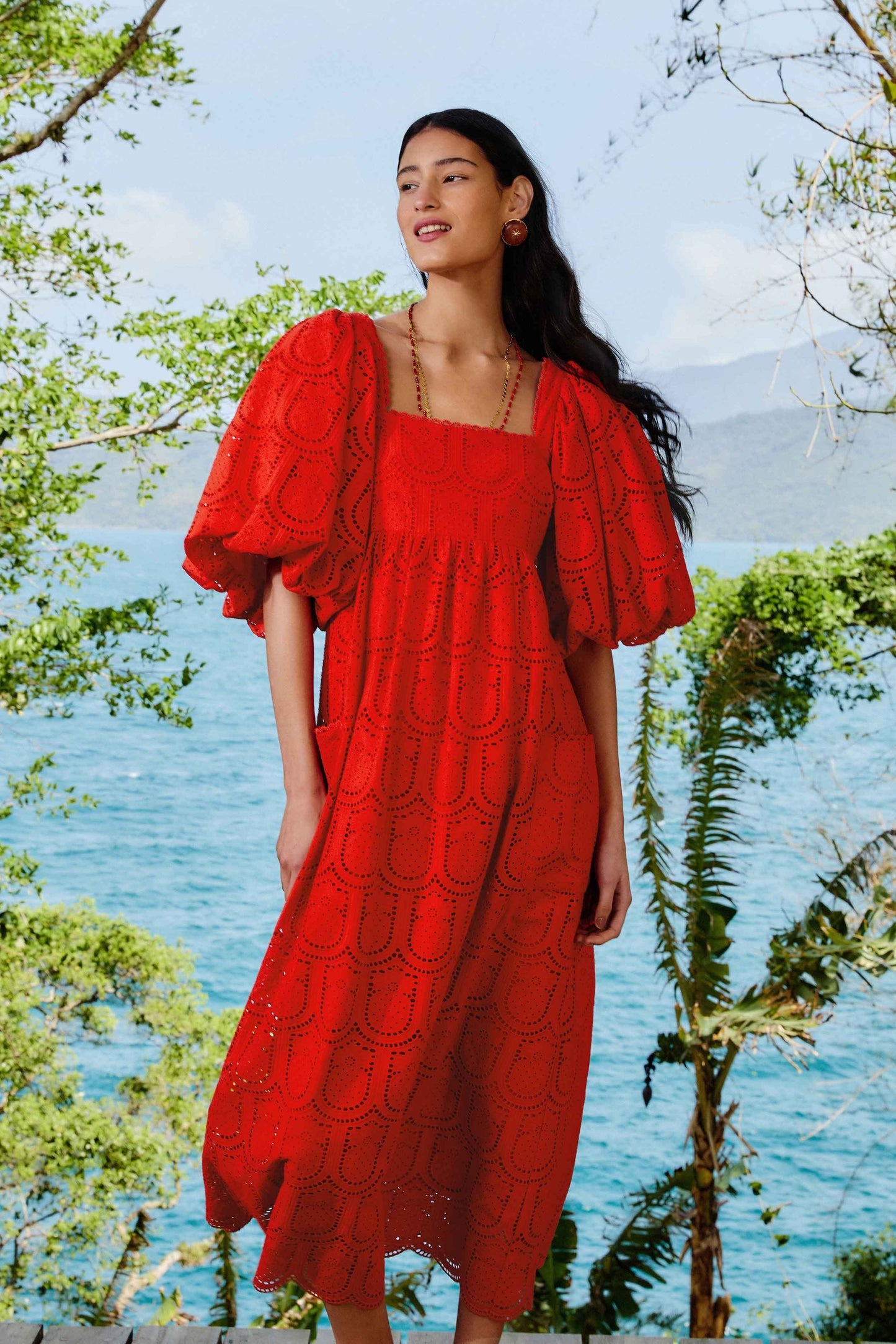 FARM Rio Red Pineapple Eyelet Maxi Dress