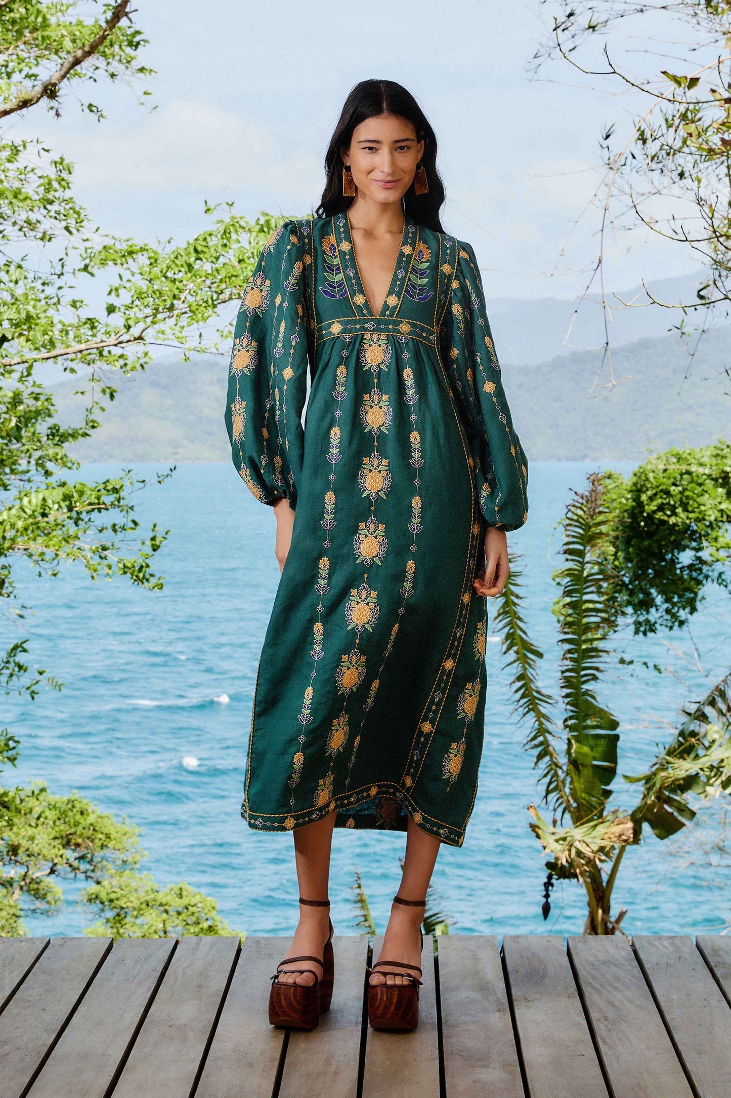 FARM Rio Green Pineapple Embroidered Euroflax™ Premium Linen Tunic Maxi Dress