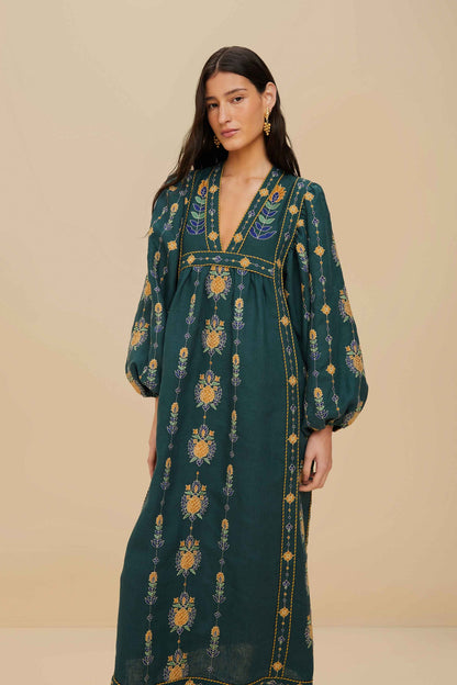 FARM Rio Green Pineapple Embroidered Euroflax™ Premium Linen Tunic Maxi Dress
