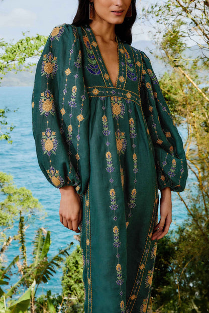 FARM Rio Green Pineapple Embroidered Euroflax™ Premium Linen Tunic Maxi Dress