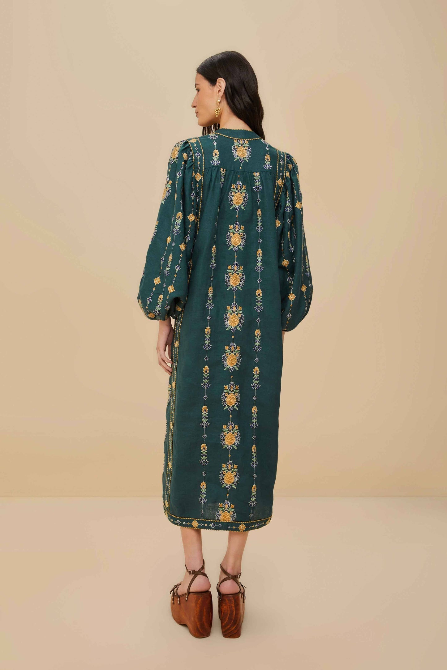FARM Rio Green Pineapple Embroidered Euroflax™ Premium Linen Tunic Maxi Dress