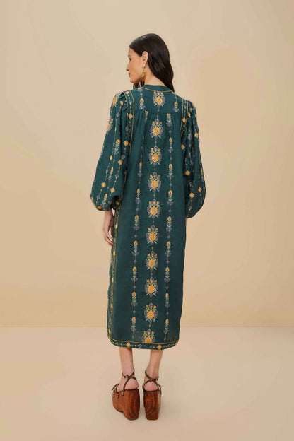 FARM Rio Green Pineapple Embroidered Euroflax™ Premium Linen Tunic Maxi Dress