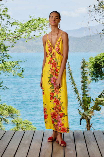 FARM Rio Yellow Summer Fruit Scarf LENZING™ ECOVERO™ Euroflax™ Maxi Dress