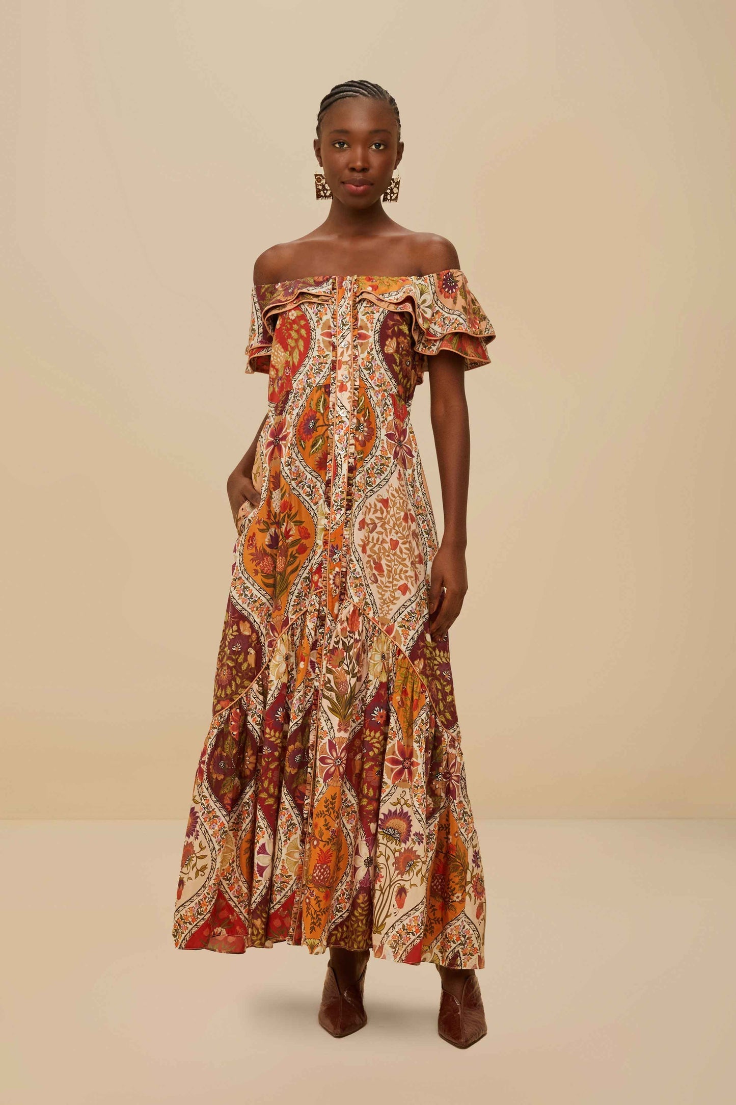 FARM Rio Multicolor Romantic Nature Off-Shoulder Maxi Dress