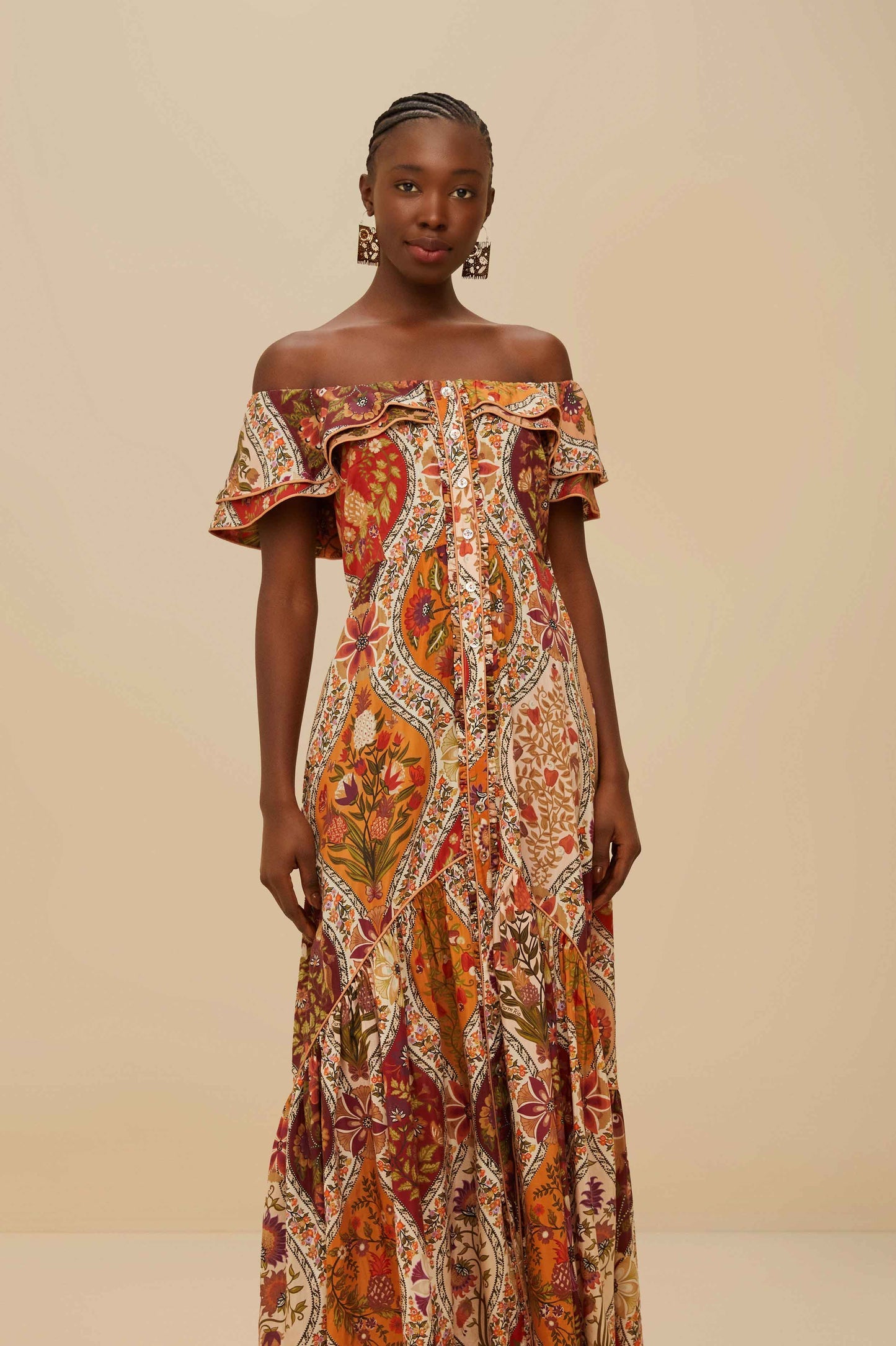 FARM Rio Multicolor Romantic Nature Off-Shoulder Maxi Dress