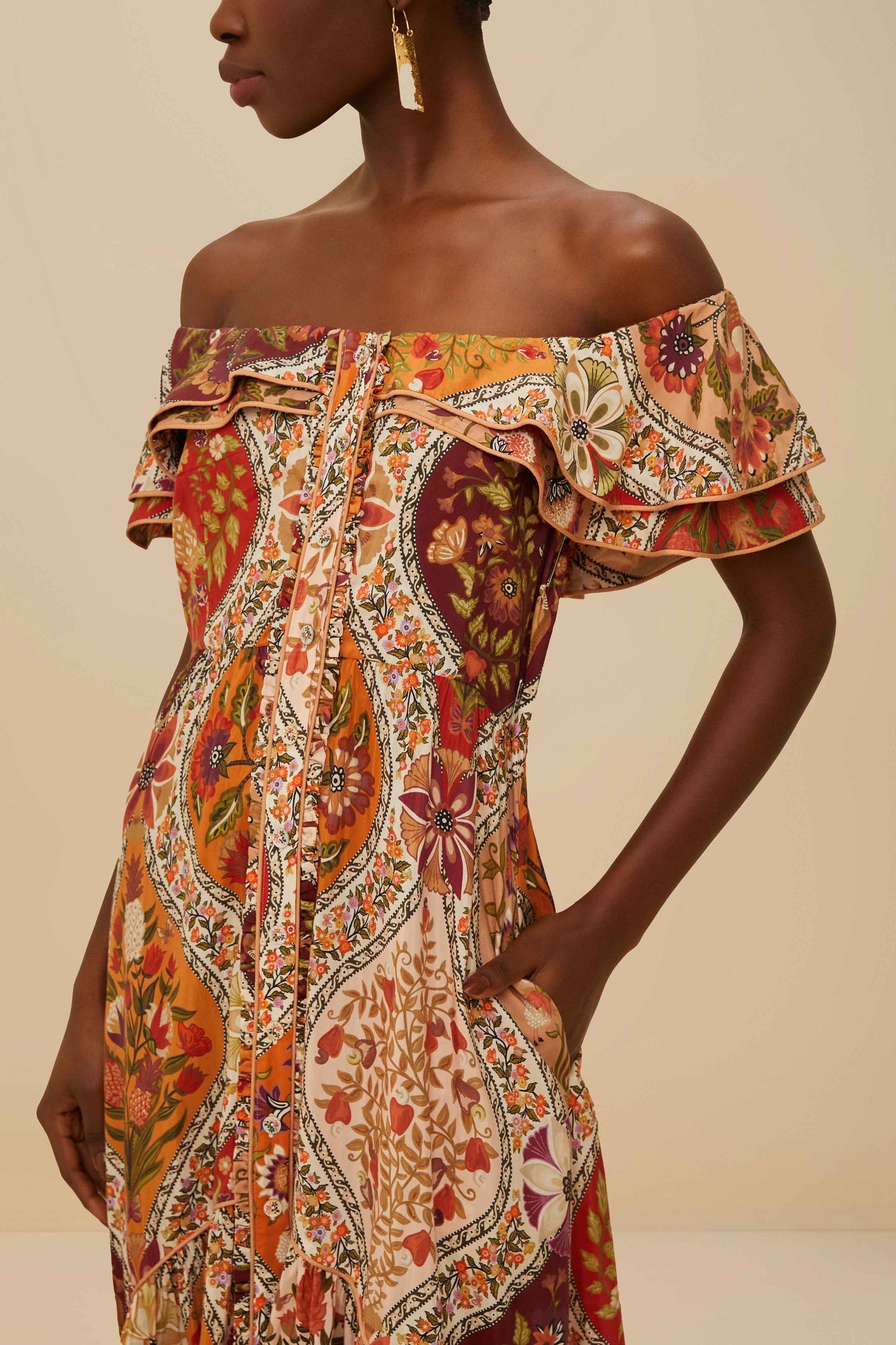 FARM Rio Multicolor Romantic Nature Off-Shoulder Maxi Dress