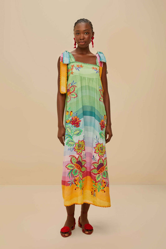 FARM Rio Multicolor Aura Floral Embroidered Euroflax™ Premium Linen Maxi Dress