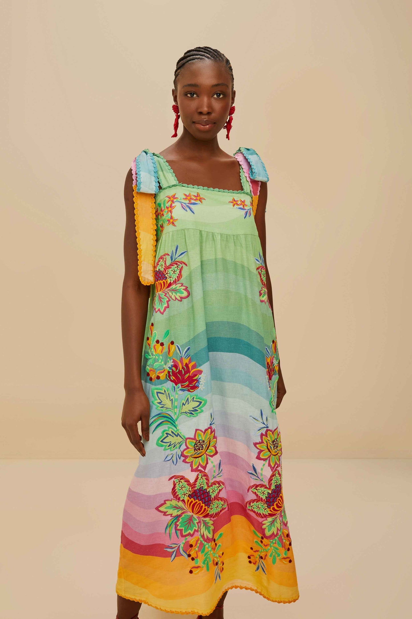 FARM Rio Multicolor Aura Floral Embroidered Euroflax™ Premium Linen Maxi Dress
