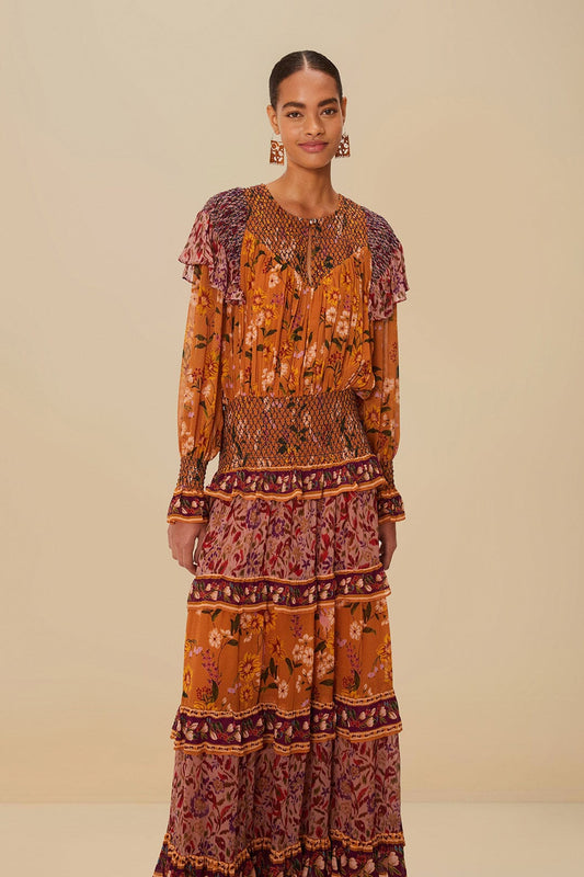 FARM Rio Colorful Birds Camel Smocking Long Sleeve Maxi Dress