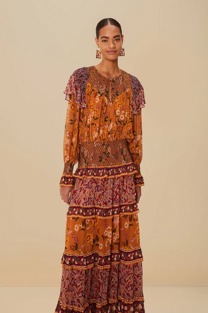 FARM Rio Colorful Birds Camel Smocking Long Sleeve Maxi Dress