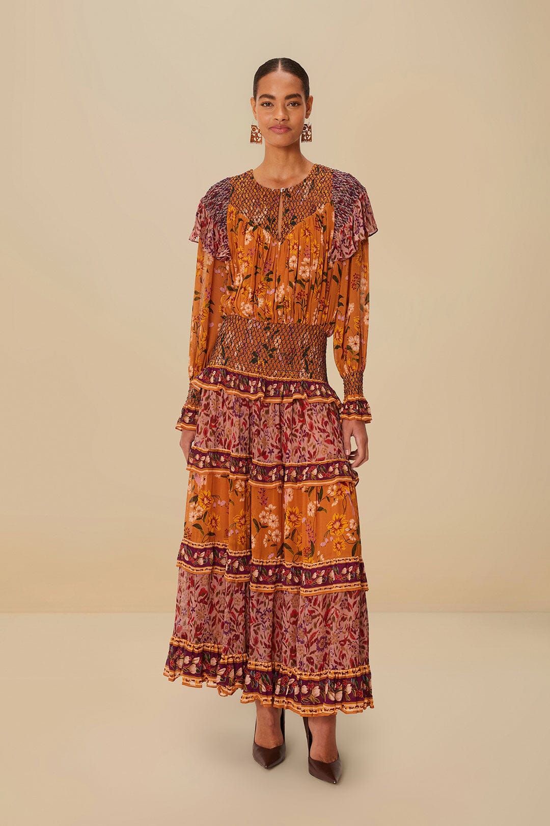 FARM Rio Colorful Birds Camel Smocking Long Sleeve Maxi Dress