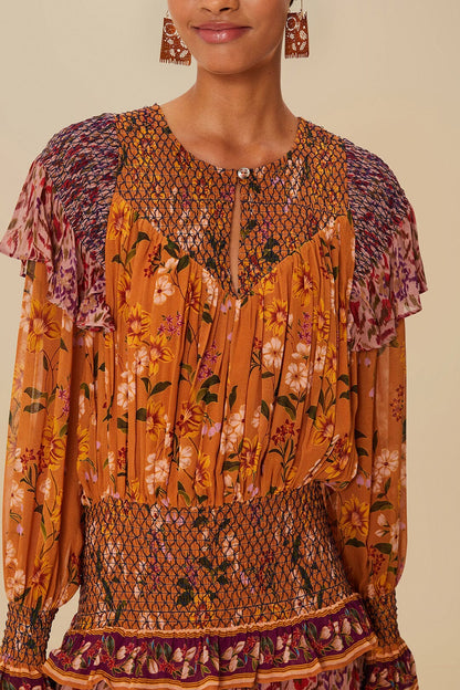 FARM Rio Colorful Birds Camel Smocking Long Sleeve Maxi Dress