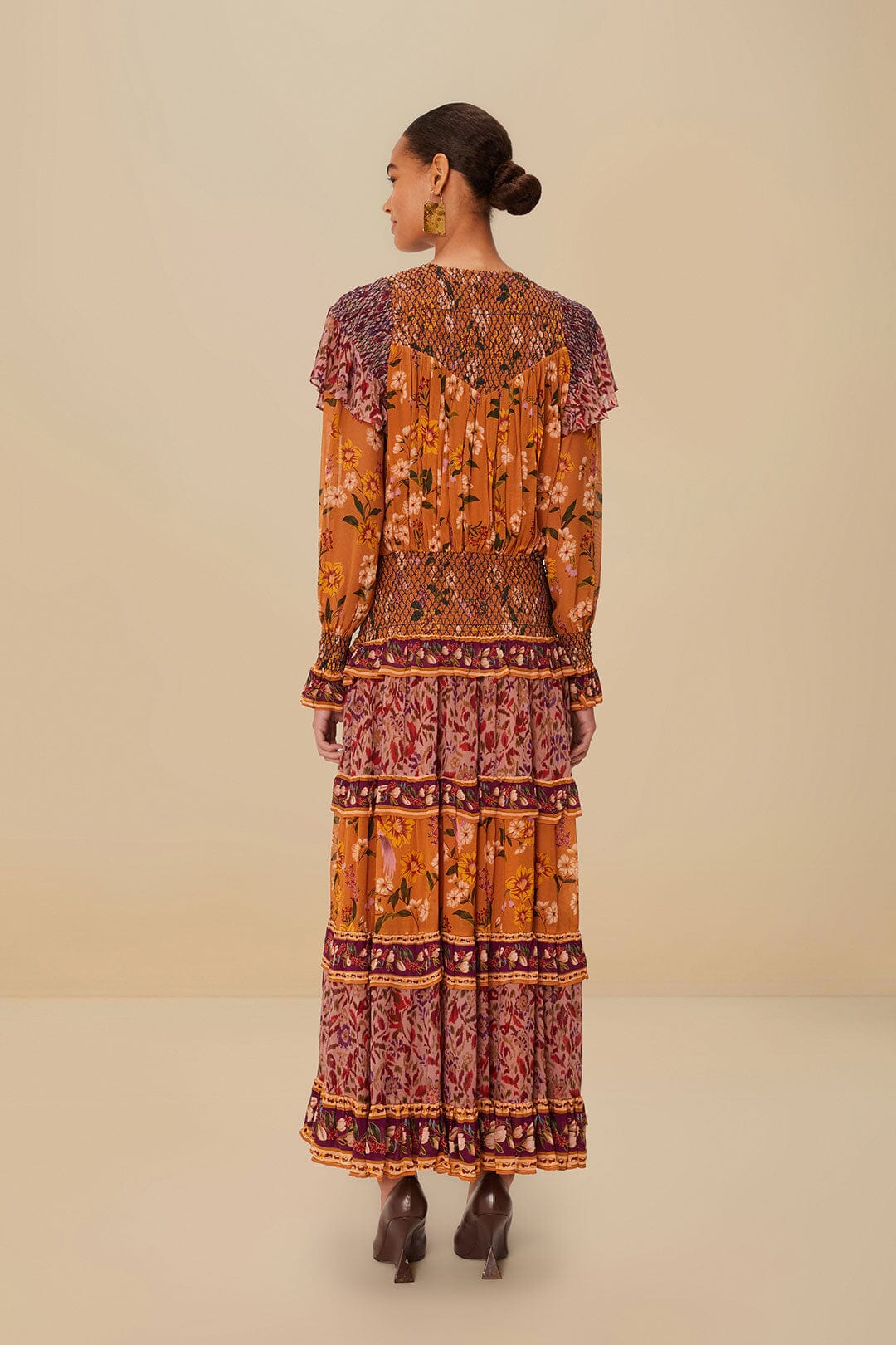 FARM Rio Colorful Birds Camel Smocking Long Sleeve Maxi Dress
