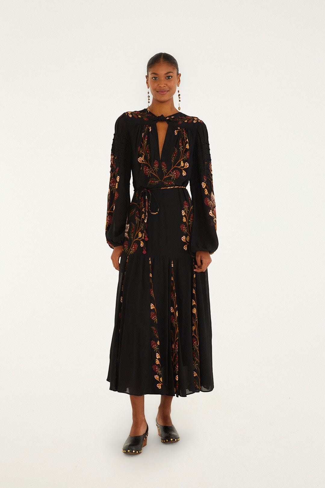 FARM Rio Black Berry Garden Long Sleeve Pleated Maxi Dress | FARM Rio