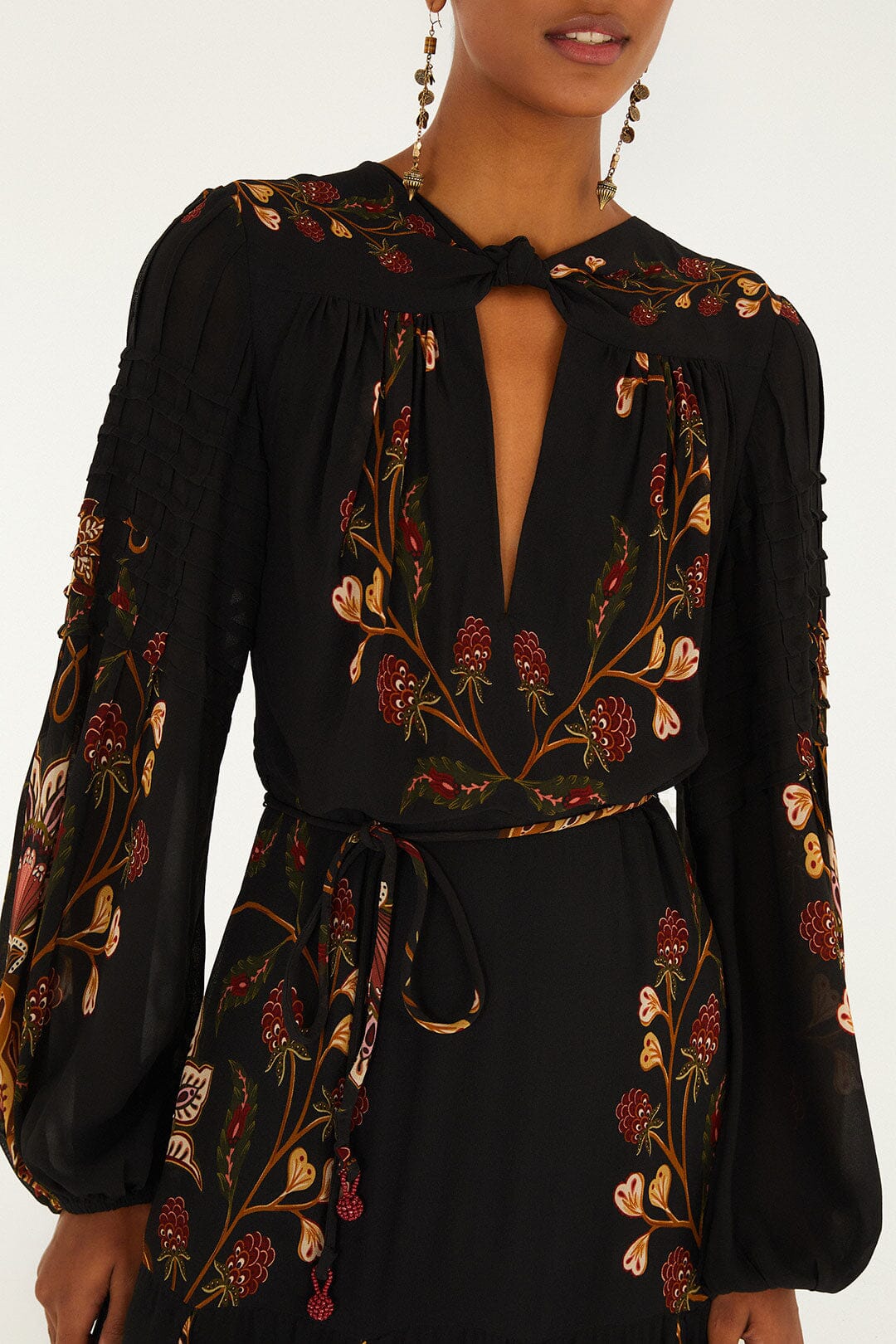 FARM Rio Black Berry Garden Long Sleeve Pleated Maxi Dress | FARM Rio