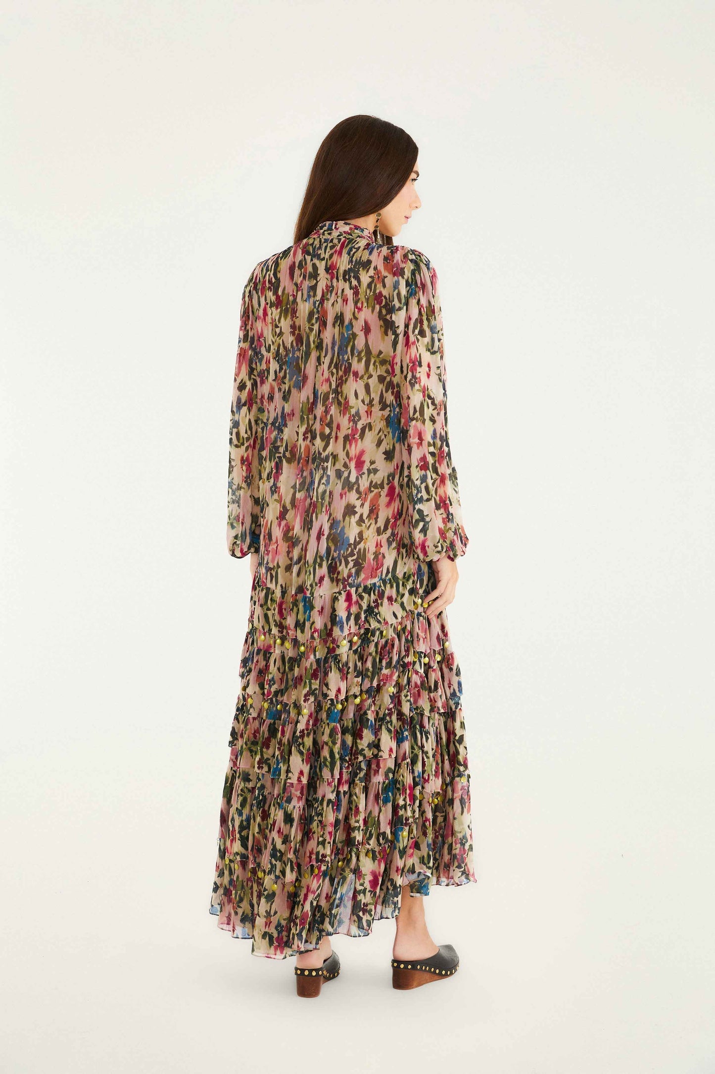FARM Rio Pink Blurred Tiny Flowers Long Sleeve Maxi Dress | FARM Rio