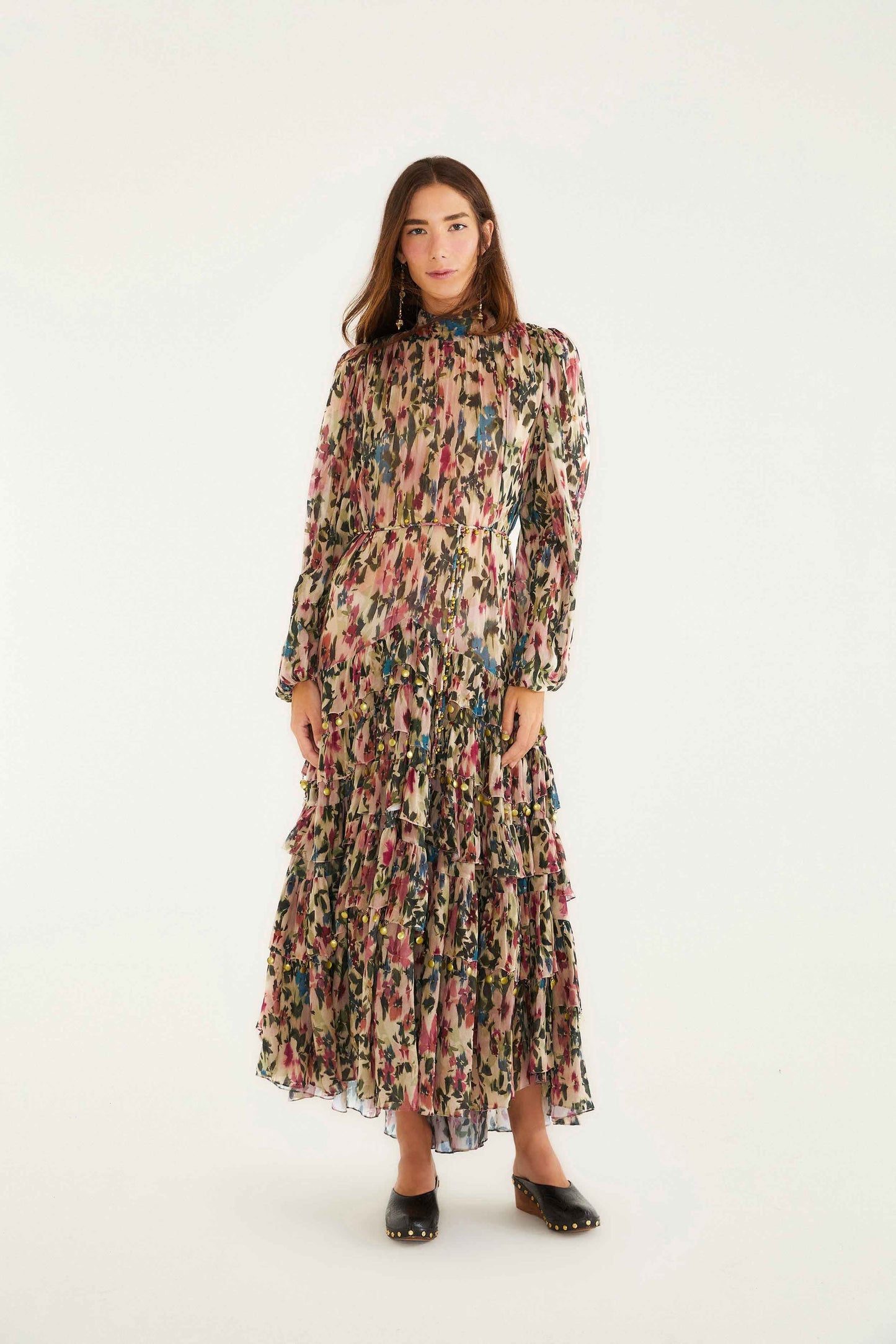FARM Rio Pink Blurred Tiny Flowers Long Sleeve Maxi Dress | FARM Rio