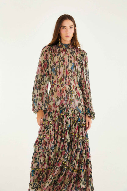 FARM Rio Pink Blurred Tiny Flowers Long Sleeve Maxi Dress | FARM Rio
