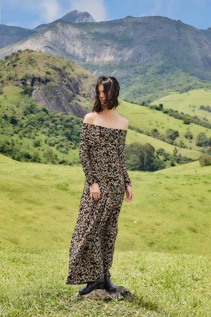 FARM Rio Black Tiny Flowers Long Sleeve Maxi Dress | FARM Rio