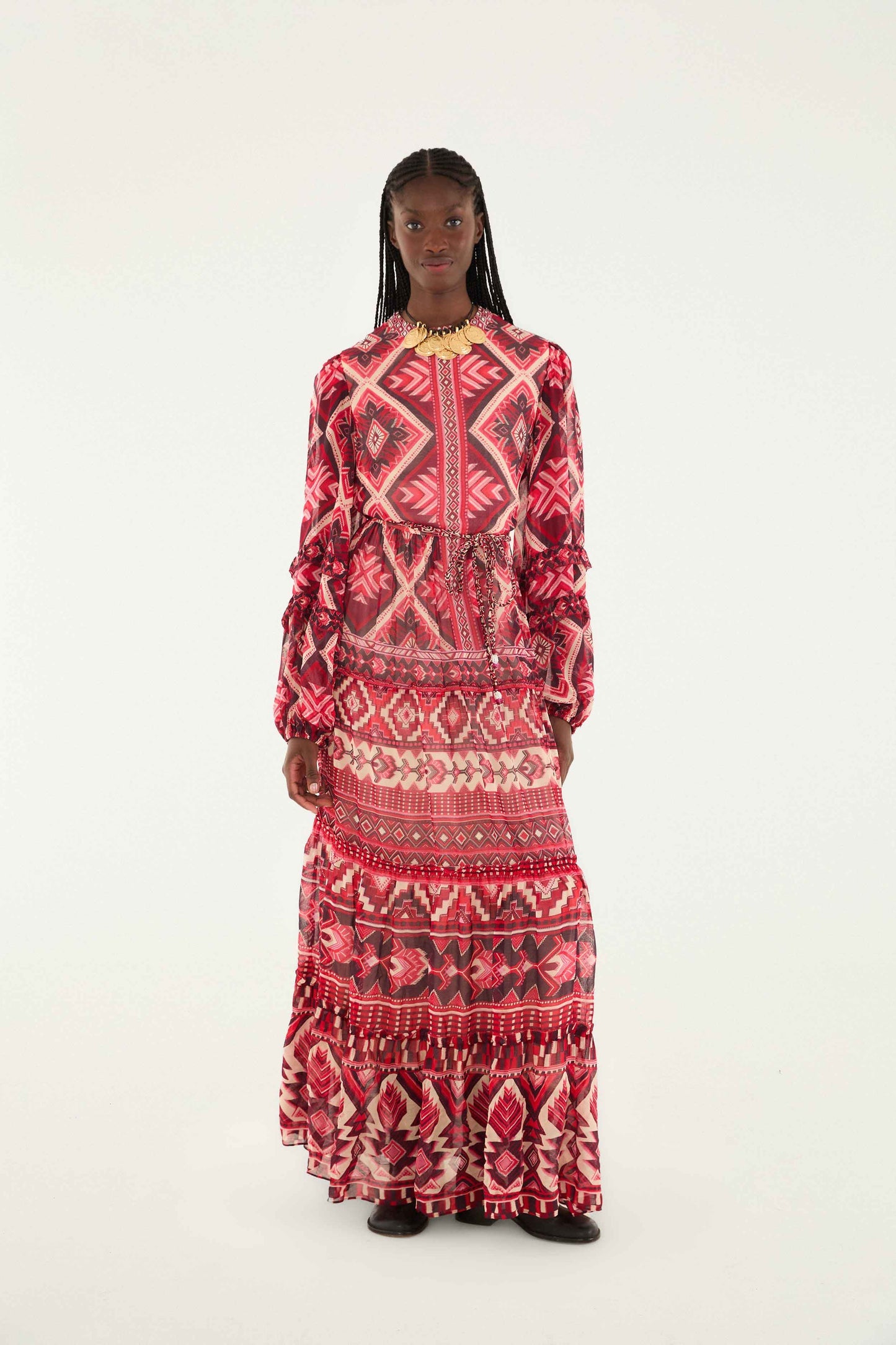 FARM Rio Red Graphic Ainika Belted Tiered Maxi Dress | FARM Rio