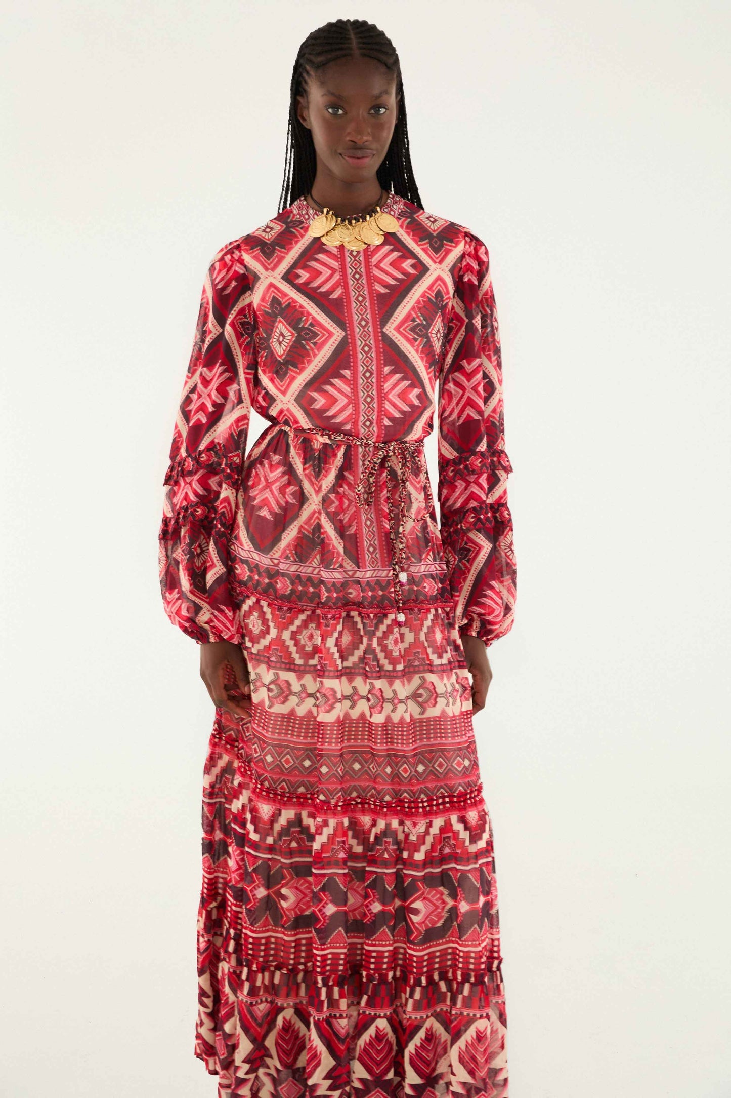 FARM Rio Red Graphic Ainika Belted Tiered Maxi Dress | FARM Rio