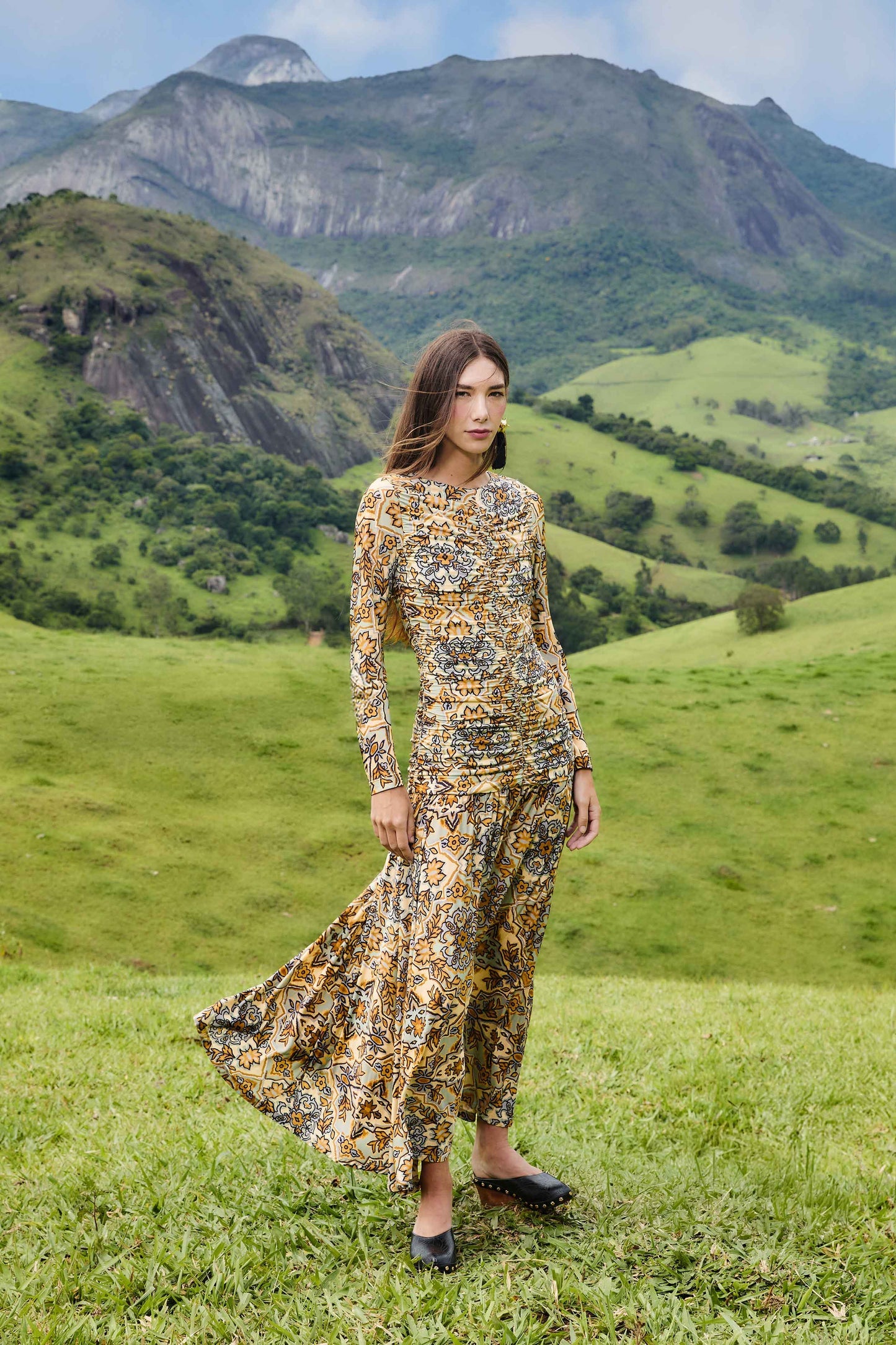 FARM Rio Blue Winter Tapestry Long Sleeve Maxi Dress | FARM Rio