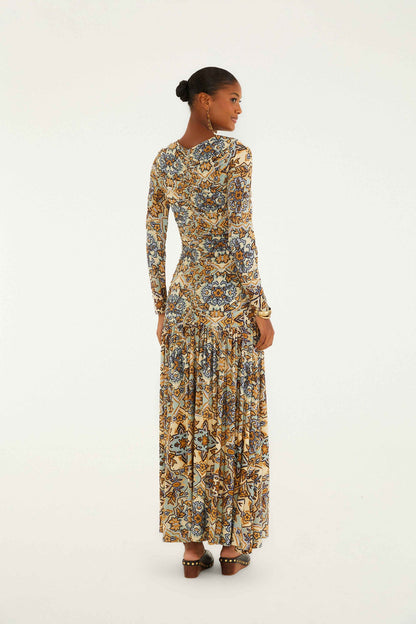 FARM Rio Blue Winter Tapestry Long Sleeve Maxi Dress | FARM Rio