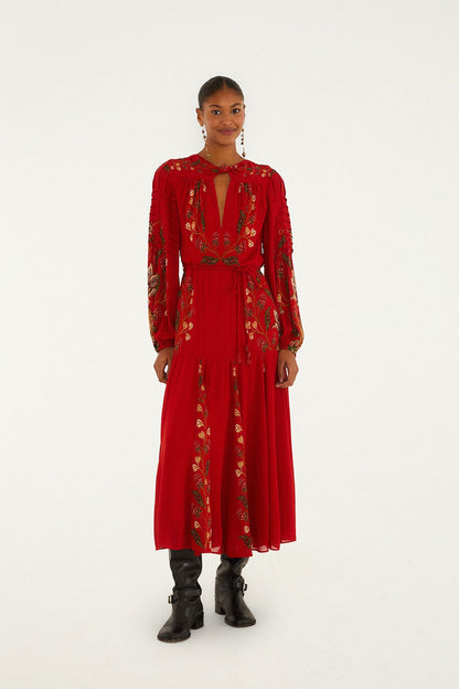 FARM Rio Red Berry Garden Long Sleeve Pleated Maxi Dress | FARM Rio