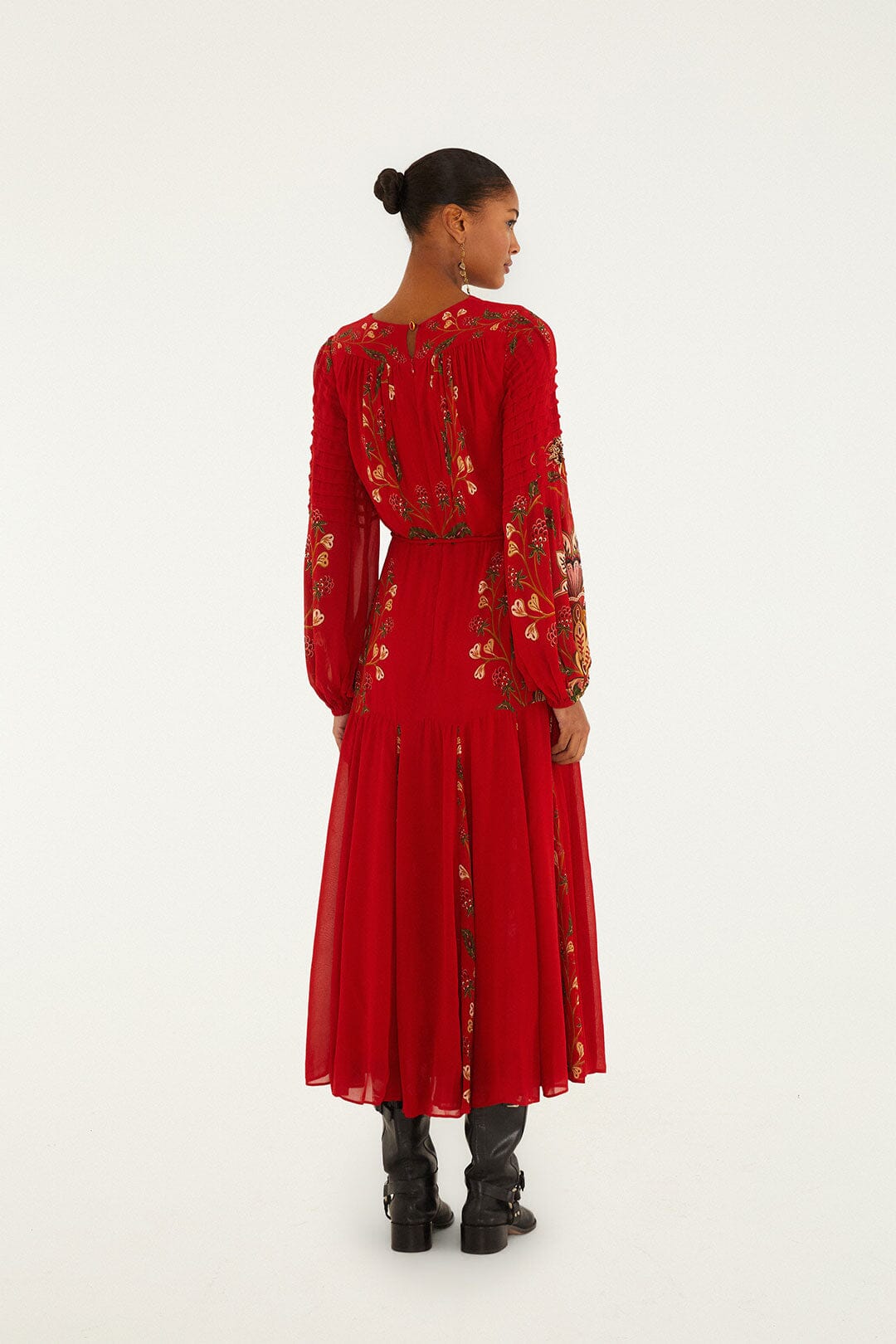 FARM Rio Red Berry Garden Long Sleeve Pleated Maxi Dress | FARM Rio