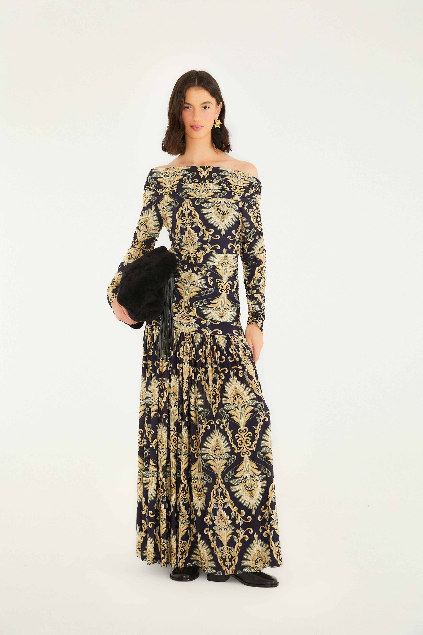 FARM Rio Navy Blue Wonderful Arabesque Off-Shoulder Maxi Dress | FARM Rio