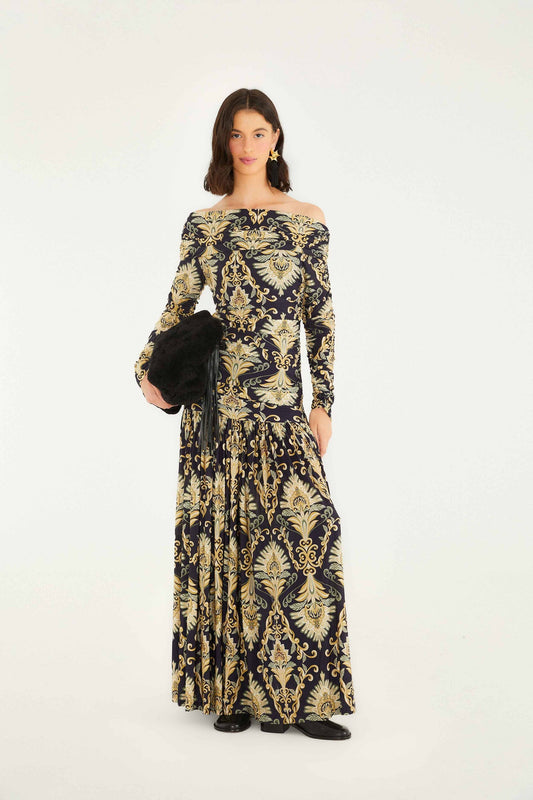 FARM Rio Navy Blue Wonderful Arabesque Off-Shoulder Maxi Dress | FARM Rio