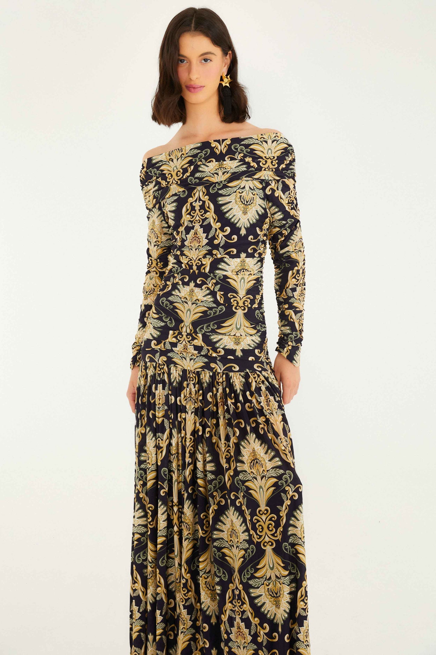 FARM Rio Navy Blue Wonderful Arabesque Off-Shoulder Maxi Dress | FARM Rio