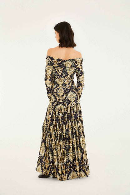 FARM Rio Navy Blue Wonderful Arabesque Off-Shoulder Maxi Dress | FARM Rio