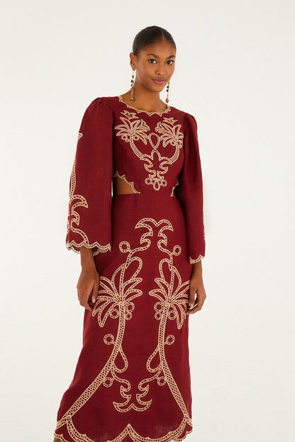 FARM Rio Red Artisanal Cut-Out Embroidered Euroflax� Premium Linen Maxi Dress | FARM Rio